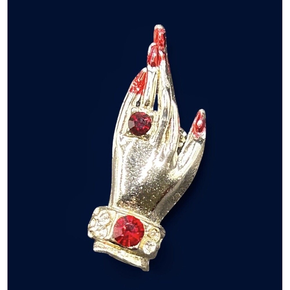 Vintage Lady Hand Brooch Pin Silver Tone Red Nails Victorian Revival READ